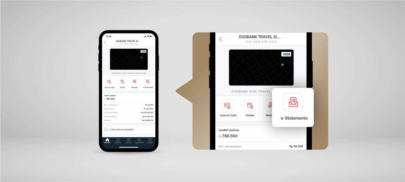 Klik icon ‘e-Statement’ untuk melihat e-statement Kartu Kredit hingga 6 bulan terakhir