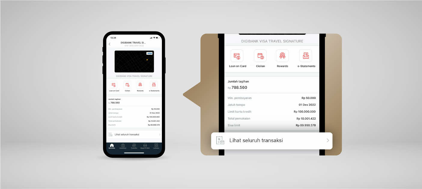Klik ‘Lihat Seluruh Transaksi’ untuk melihat Riwayat transaksi Kartu Kredit digibank kamu