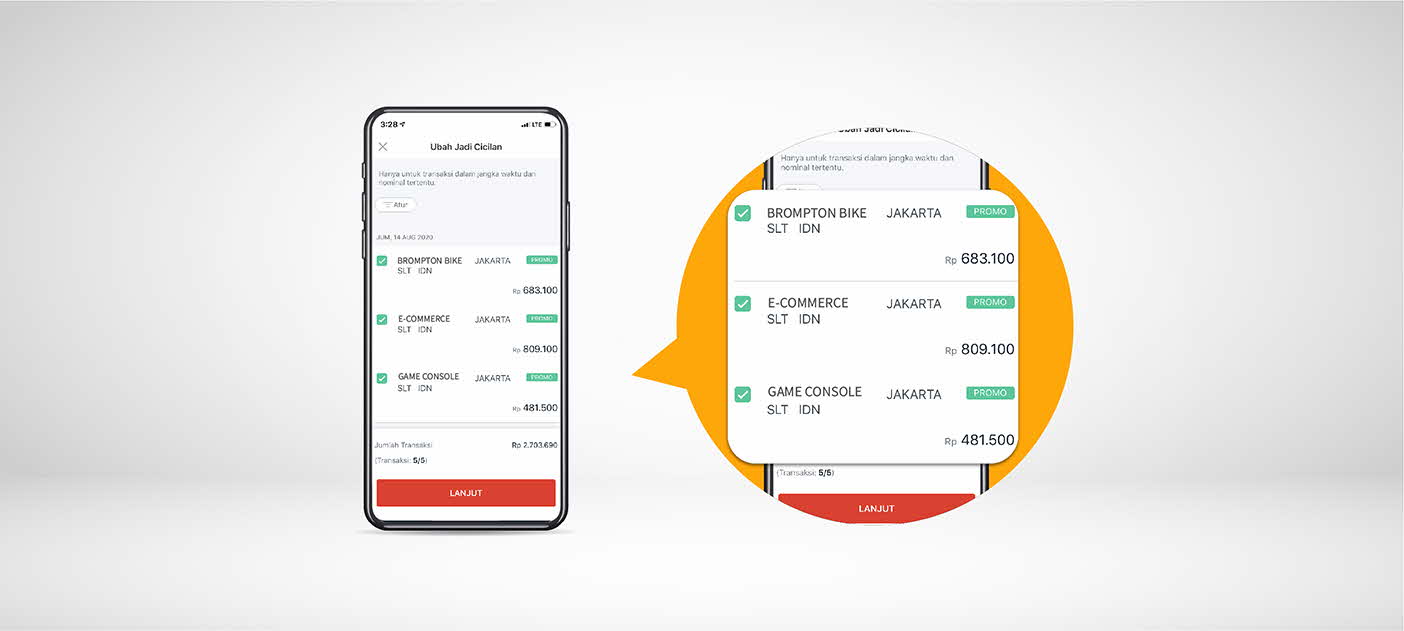 Setiap kalinya, kamu bisa centang hingga 5 transaksi yang ingin kamu ubah jadi cicilan, lalu klik ’Lanjut’ 	dan tentukan jangka waktu sesuai kebutuhan-mu