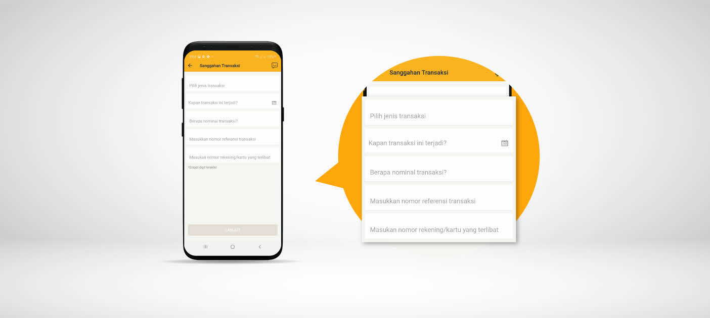 Pilih dan masukkan informasi yang di butuhkan, seperti Jenis Transaksi, Tanggal Transaksi Terjadi hingga Nomor Rekening/Kartu yang Terlibat.
